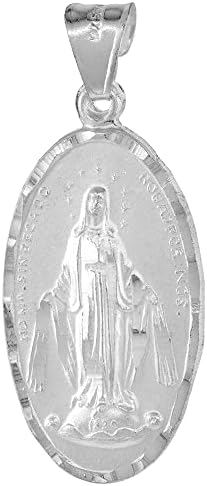 1 1/8 inch Sterling Silver Miraculous Medal Pendant for Men & Women Oval Diamond Cut NO Chain Included