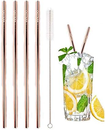 Waloo Home Set of 4 Reusable 10.5" Metal Stainless Steel Drinking Straws and Cleaning Brush For 20-30oz Tumblers, Cups And Mugs (Rose Gold,Straight)