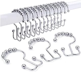 NatureMan Shower Curtain Hooks Rings, Rust-Resistant Metal Double Roller Glide Shower Hooks for Bathroom Shower Rods Curtains, Set of 12 Hooks - Chrome
