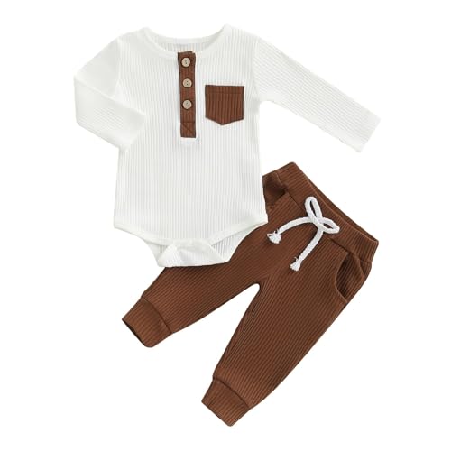 Image of fhutpw Baby Boy Clothes 3 6 12 18 Months Ribbed Knitted Long Sleeve Romper and Pants Sets Newborn Fall Splicing Color Outfits