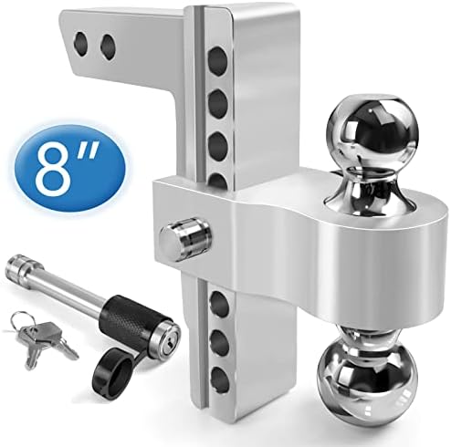 Tlvuvmo Adjustable Trailer Hitch - 8 Inch Drop Hitch Ball Mount for 2 Inch Receiver, 12,500 GTW, 2" and 2-5/16" Stainless Steel Tow Balls, Aluminum Tow Hitch with Double Anti-Theft Pins Locks