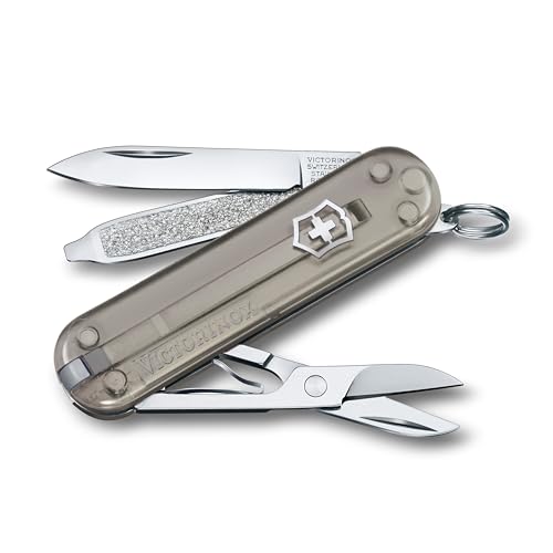 Victorinox, Classic SD, Navaja Multiuso Suiza, Cuchillo bolsillo, Regalo, 7 Funciones, Hoja pequeña, Lima de uñas, Gris Transparente