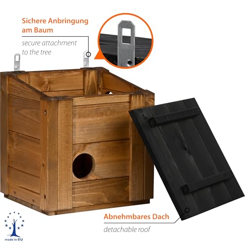 dobar® Eichhörnchenkobel mit 3 Eingängen - Eichhörnchen Futterhaus mit abnehmbarem Dach - Eichhörnchen Nistkasten zum Aufhängen - 31 x 26 x 33 cm - Braun