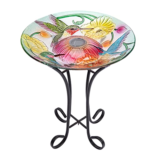 Mumtop Glass Bird Baths For Outdoors, Solar Outdoor Bird Baths With Metal Stand For Garden Lawn Backyard Hummingbird Decor, 18”Dia 21.65”Height #TOP10