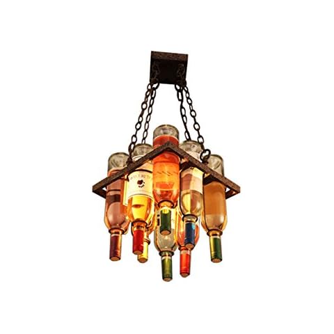 KJZhu Vintage Chandelier, Red Wine Bottle Lamp Glass Rural Bar Bar Counter Wine Bottle Chandelier Metal Bracket Stable E27 Party lights Cover