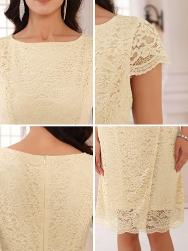 Image of Women's Floral Lace Dress Cap Sleeve Boat Neck Cocktail Midi Wedding Guest Dresses