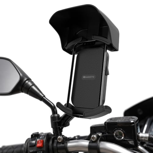 Image of Amkette iGrip Secure X2 Mobile Holder for Bike & Scooty with Mirror Mount, One Press Lock & Unlock, Built in Sunshade, Anti Slip Silicone Grip, 4 Corner Clamping, Compatible with 4.7 inch-7 inch Smartphones