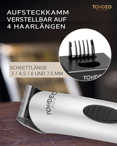 TONDEO Haarschneidemaschine ECO S PLUS SILVER | Profi Haarschneider inklusive Ladestation und Aufsteckkamm für 4 verschiedene Schnittlängen