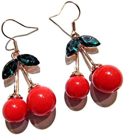 Cherry Earrings red fruit and green leaves pendants on goldtone ear wire image 3
