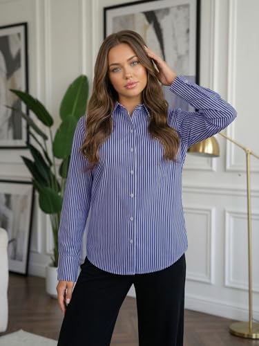 Image of OOMPH! Women Striped Smart Casual Shirt | Long Sleeve Casual & Office Wear | Comfortable, Breathable, Stylish Formal Top for Daily Work & Smart Casual Look