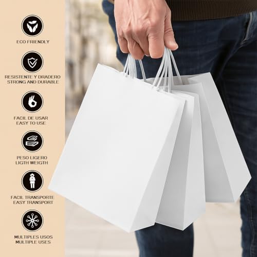 BOXPACKING | Sacs Kraft avec Poignée | Sac Papier Blanc | 25 Sachet Cadeau 24x18x8 cm | Sachet kraft Blanc | Petit Sac Cadeau | Sacs Cadeaux pour Boutiques & Événements | Fabriqué en Espagne – vue 6