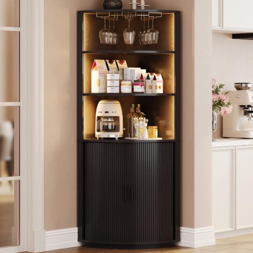 ComfyCorner 72" Tall Corner Bar Cabinet with LED Lights & Sliding Door