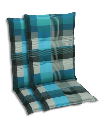 GO-DE Textil Bequeme und attraktive Polsterauflagen für Mittellehner-Gartenstühle (2er-Set, Karo Petrol, Mittellehner)