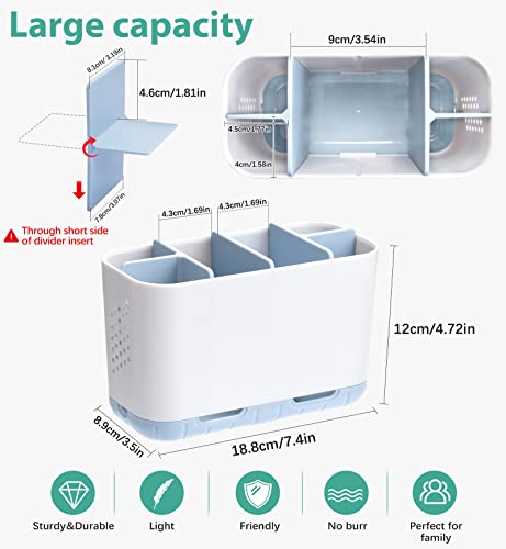 Boperzi Electric Toothbrush Holder For Bathroom Organizer Countertop, Detachable Anti-Slip Blue Toothpaste Storage Caddy 6 Slots White With Drainage Holes For Makeup Brush Razor Stand #TOP4