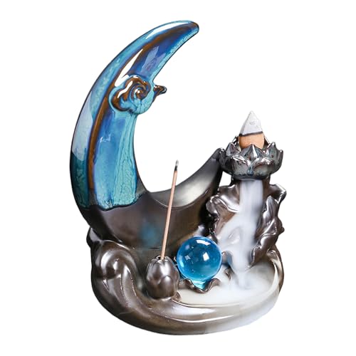 Celuicion Quemador de incienso de flujo inverso | Difusor de incienso con forma de luna – Incensario de cerámica, para casa, dormitorio, altar, cabina, escritorio