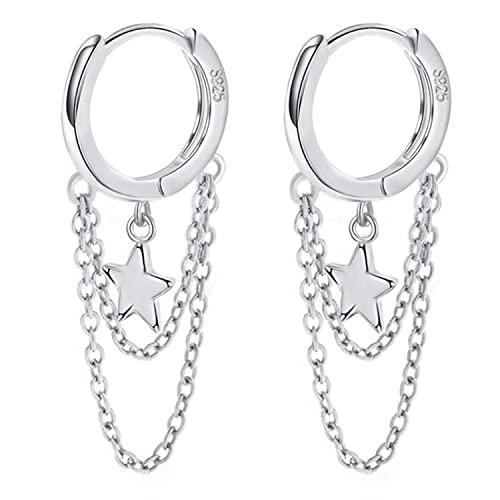 925 Sterling Silver Star Earrings Tassel Chain Drop Dangle Black Rose Gold Small Hoop Earrings Huggie for Women Teen Jewelry Gifts weinuo