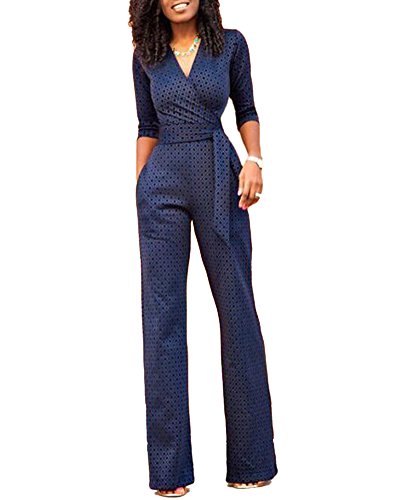 Mujeres 3/4 Mangas Monos Elegante Traje Pantalones Anchos Blusa V Cuello Bodysuit Jumpsuits Marina XL Cover