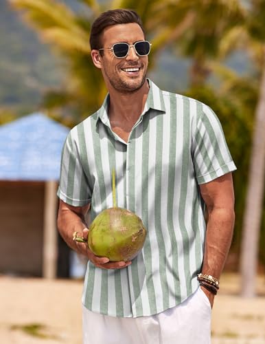 Image of COOFANDY Men's Linen Shirts Short Sleeve Casual Shirts Button Down Shirt for Men Beach Summer Wedding Shirt