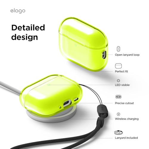 Image of elago Clear Case for AirPods Pro 3 | Lanyard Included, Strap Included, Reduced Yellowing, Shockproof, Full Protection (Neon Yellow)