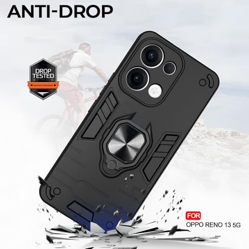 Image of AESTMO Oppo Reno 13 5G Back Case Cover | Tough Armor Bumper | Ring Holder & Kickstand in-Built | 360 Degree Protection Cover for Oppo Reno 13 5G (Black)