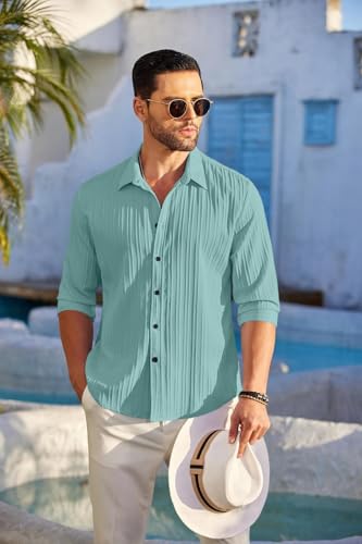 Image of FINIVO FASHION Men's Casual Cotton Plain Button Down Shirt Long Sleeve Textured Summer Beach Shirt for Men