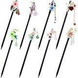 inSowni 8 piezas retro asiáticas chinas Hanfu Perla Jade Mariposa Flor Palillos de Pelo de Madera Tenedores con Colgantes de Cuentas Soporte para moño Updo Horquillas de Pelo Largo Palillos para