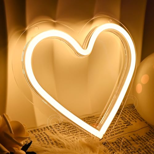 Image of SYLHOME Heart Led Neon Light Sign Battery Operated or USB Powered Bedroom Wedding Wall Sign Decor Valentines Day Christmas Birthday Gifts USB 7.87 inch X 7.28 inch Warm White