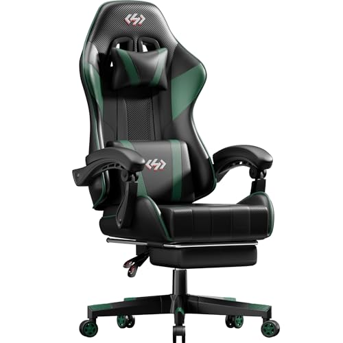 HLDIRECT Gaming Chair with Pocket Spring Cushion, Video Game Chair, Gaming Computer Chair, Ergonomic Chairs with Headrest and Lumbar Support for Adults, Swivel PU Leather Office Chair, Black & Green