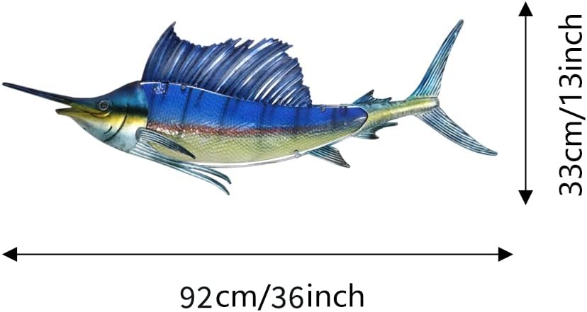 LIFFY Metal Fish Wall Decor,36" Large Swordfish Wall Art,Indoor Outdoor Tropical Ocean Glass Sailfish Art Sculptures Home Decorative Ornaments for Garden Porch Bedroom Living room