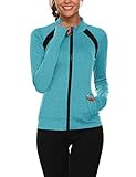 Parabler Sportjacke Damen Langarm Trainingsjacke Atmungsaktive Trainingsanzug Damen Reißverschluss mit Seitentasche Sweatjacke dünn mit Taschen Daumenloch Grün L