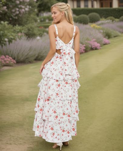 Image of Tiered Ruffle Dress Women Casual Summer Spaghetti Strap Sleeveless Floral Layered Maxi Dress for Women Beach Sundress