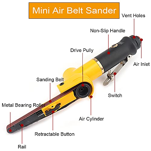 3/8" Pneumatic Sander Air Belt Sander Set With 14Pcs Belts,Include Grit 60/80/120,1/4" Air Inlet Mini Air Belt Grinder Air Tool For Aluminium, Iron, Steel Metal Polishing #TOP2