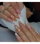 Flower Press on Nails Medium Almond Fake Nails Pink False Nails with Designs Floral Gold Acrylic ...