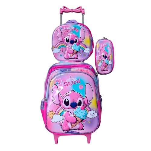Kit Mochila Escolar do Stitch Sorvete em 3D Menina com Rodinhas + Lancheira Térmica + Estojo Escolar em Alto Relevo Moan