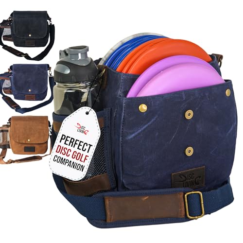 Disc Living Disc Golf Bag | Frisbee Golf Bag | Waxed Canvas Fits Up to 10 Discs | Belt Loop | Adjustable Shoulder Strap Padding | Double Magnetic Button Design | Bottle Holder (Leather - Blue)