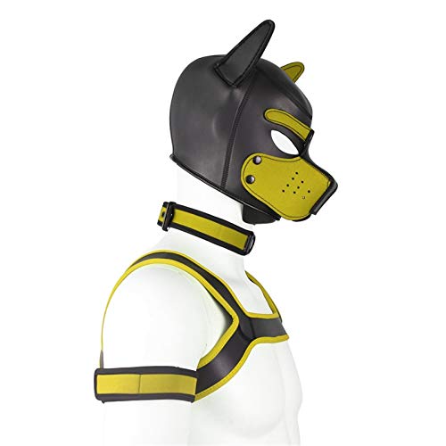 YiQin RWSX Weiche Latex-Hundemaske mit Ohren, Welpenmaske für Cosplay-Party-Maskerade Set (Maske, Halsband, Armbinde, Riemen) (Color : Yellow, Size : X-Large)