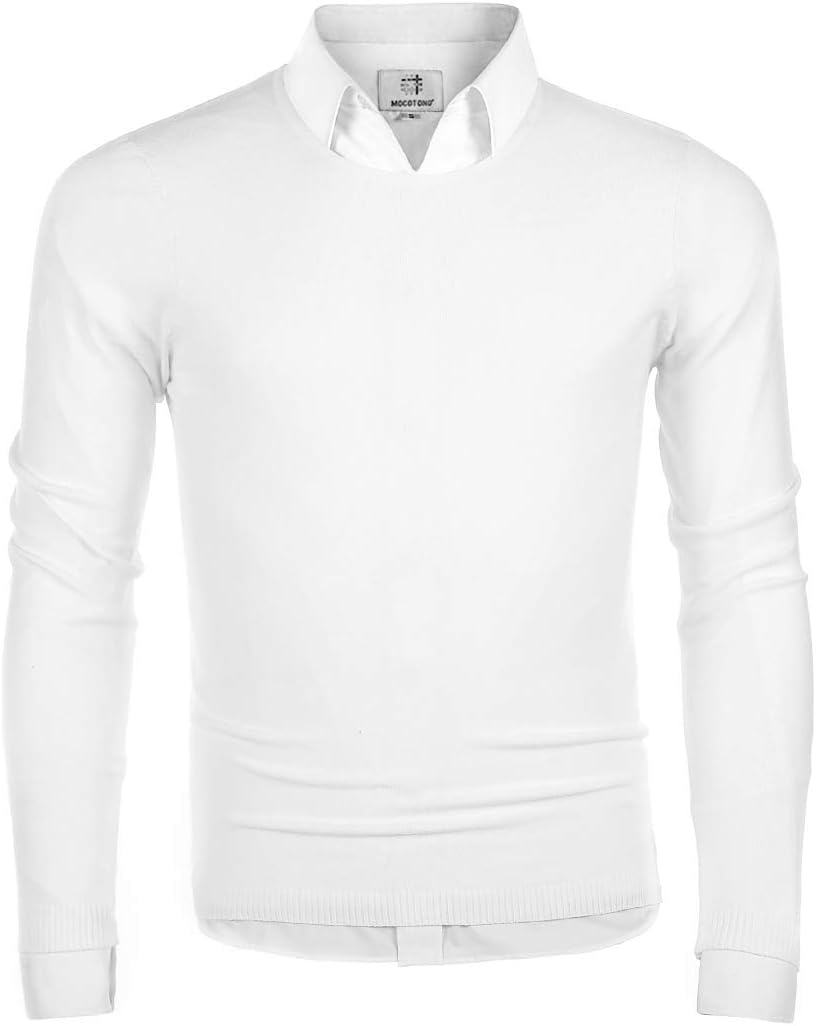 MOCOTONO Men's Long Sleeve Crew Neck Pullover Knit Sweater White Large