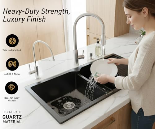 Image of EVANEX Quartz Sink for Kitchen|45x20x9 inch Double Bowl Kitchen Sink with Drain Board|Matt Finish|Black Quartz Kitchen Sink with Sink Connector, Waste Pipe, Coupling and Drain Basket