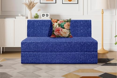 Image of Foldable 1 Seater Sofa Cum Bed, Sofa Bed 3 X 6 Feet, Jute Fabric- Washable Cover- Including One Cushion Perfect for Home & Office - Blue Color
