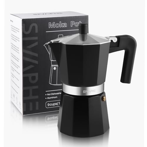 Sivaphe Aluminum Moka Pot 9 Espresso Cups, Percolator Espresso and Coffee Maker, Portable Stovetop Italian and Cuban Café Brewer for Home and Camping Black
