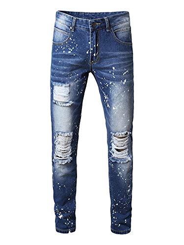 Andongnywell Ripped Distressed Destroyed Slim Denim Jean Men's Biker Zipper Washed Straight Fit Jeans Slim Pants