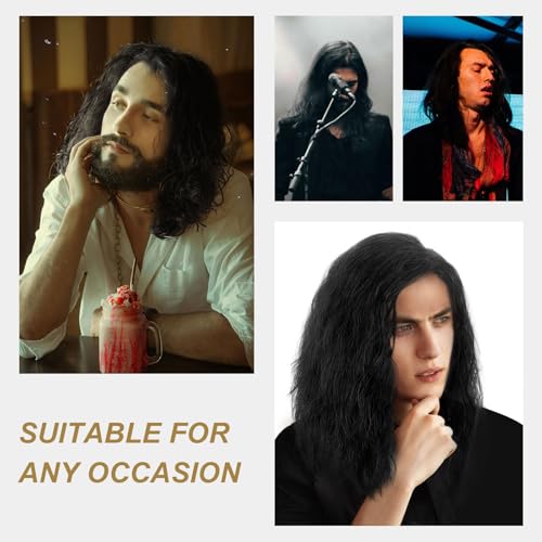 TSHAOUN Lange Schwarz Perücke für Herren, Männer Perücken Lange Lockige Welle Geschichtetes Haar Herren Kostüm Hippie Rockstar Herrenperücke für Halloween Cosplay Täglich Fasching Perücke (Schwarz)