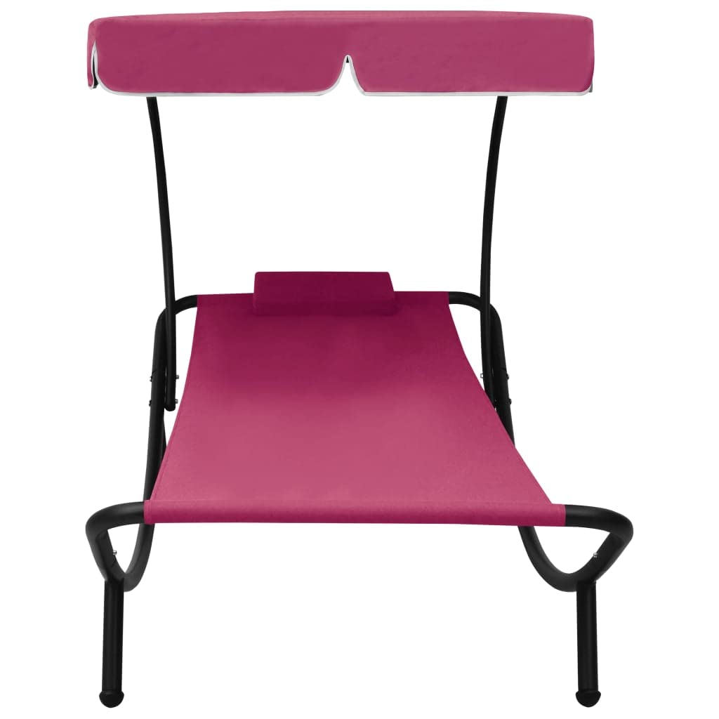 Lettino da giardino con tettuccio parasole, cuscino rosa, 200 x