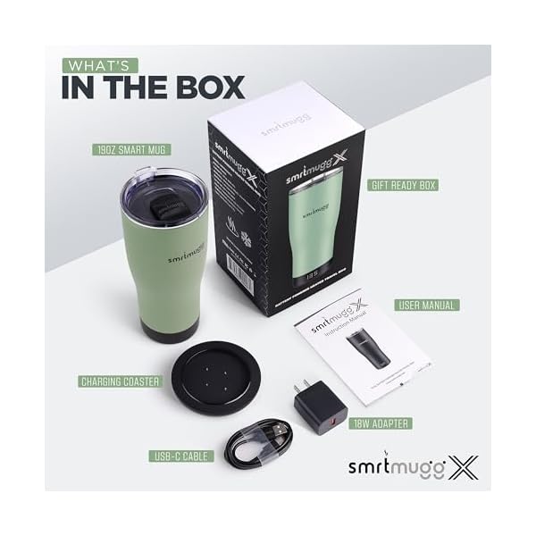 X Heated Coffee Mug 19 oz., 8 Hour Battery Life, Self-Heating, Adjustable Temp Controlled, LCD Screen, Includes Cover with Magnetic Slider (Black) (Sage Green) - Image 3
