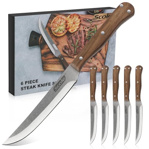 SCOLE® Steakmesser Set 6-teilig, Küchen Steakbesteck Messer set, Scharfe Pizzamesser und Ergonomischem Griff Steak Messer, mit Premium-Geschenkbox