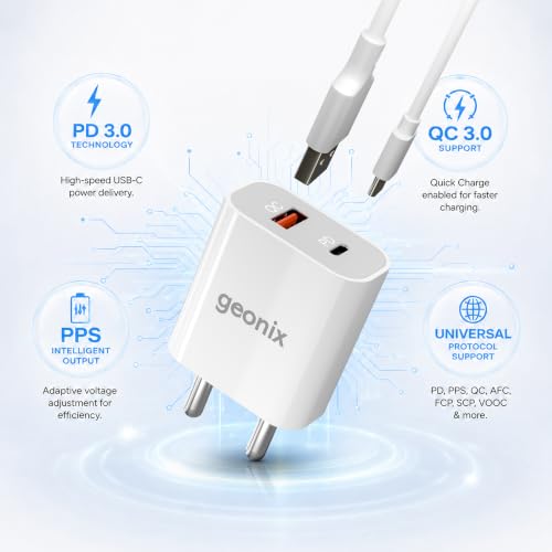 Image of Geonix Atomic AC25 25W PD + QC Fast Charger with 1M Type-C Cable| Dual Port USB-C Power Delivery| Simultaneous Charging | Compact Travel Adapter|Universal Compatibility (White)