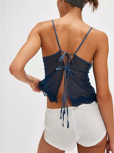 Women Sexy Tie up Lace Trim Cami Tops Semi Sheer Crop Tops Y2k Girls Cute Summer Camisole Shirt Going Out Tops3