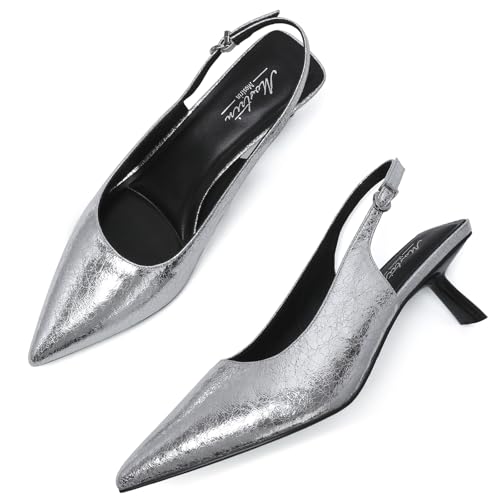 Image of Mostrin Kitten Heels for Women Pointed Toe Pumps Patent Leather Low Heel Slingback Heels with Buckle Dress Shoes for Dating Party Working