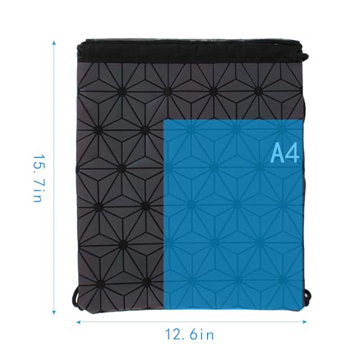 Aisi Unisex PU Leather Holographic Geometric Drawstring Backpack Luminous Gym Backpacks Reflective Sport Travel String Bag, Black, bb-03877-01SS3