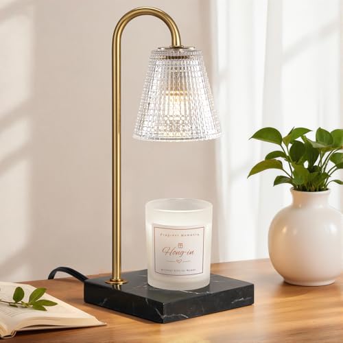 Hong-in Modern Gold Candle Warmer Lamp with Black Marble Base, Glass Shade Electric Candle Melter for Scented Candles, Stylish Home Kitchen Decor & Gift for Women